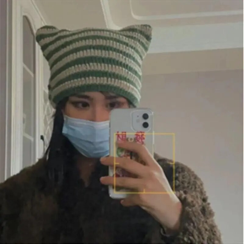 Nova japanska ulična Harajuku kapa s vražjim prugama, pletena kapa za žene, djevojke, jesen, zima, slatka kapa s mačjim ušima