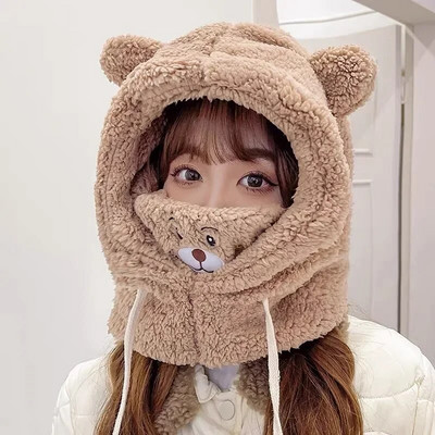 Talvine multifilmi müts maskiga Karu lambaliha nokamütsid Soojad paksendatud kõrvakaitsed Skullies Nokamütsid naistele Tüdruk Kawaii