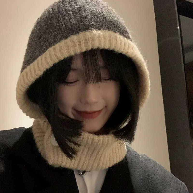 Japoniška Retro balaklava skrybėlė Moteriška Šalikas Žieminė kepurė ir kaklas Šalčiui atspari šilta megzta kepurė Moteriška madinga spalva atitinkančios moteriškos kepurės