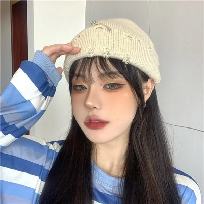 Žieminė Harajuku Y2K megzta skrybėlė Moteriška mada Šilta, stora vyrų hip-hop Pin Hole Skullcap Trumpa kepurė Unisex Basic Cap