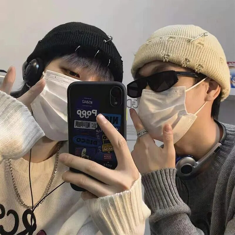 Žieminė Harajuku Y2K megzta skrybėlė Moteriška mada Šilta, stora vyrų hip-hop Pin Hole Skullcap Trumpa kepurė Unisex Basic Cap