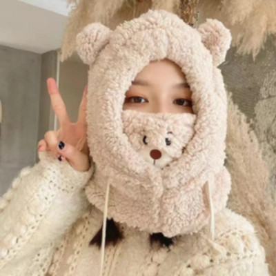 Зимна анимационна шапка Bear Ear Lamb Beanie Шапки Топли удебелени предпазни уши Шапки за жени Момиче Kawaii