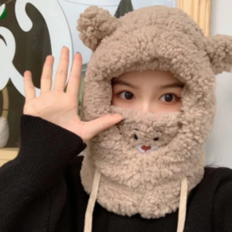 Зимна анимационна шапка Bear Ear Lamb Beanie Шапки Топли удебелени предпазни уши Шапки за жени Момиче Kawaii