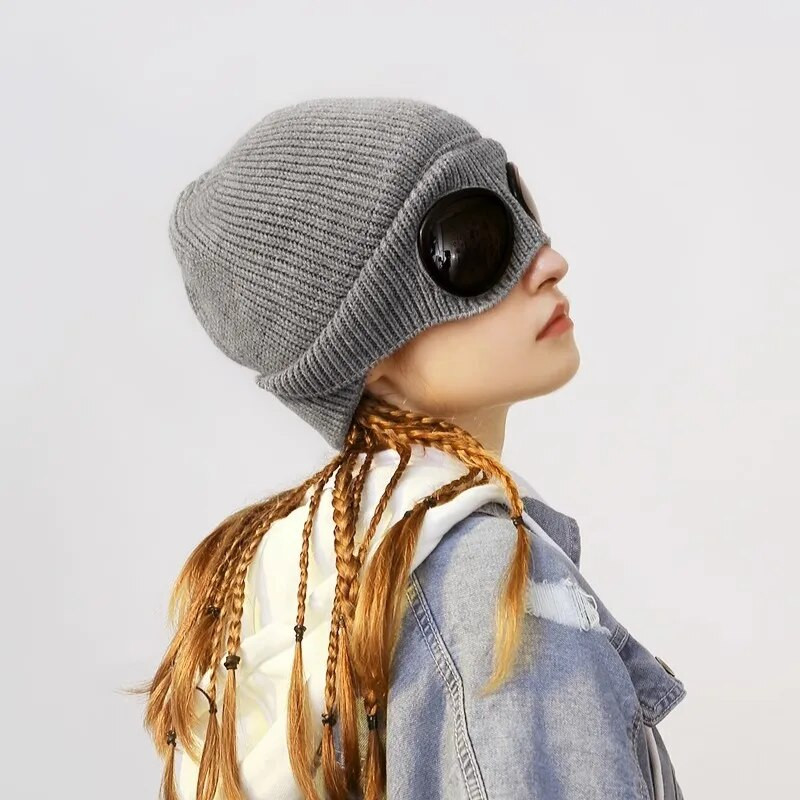 Šešir bez oboda sa zaštitnim naočalama za muškarce i žene u zimskom šeširu, neutralna jednobojna pletena kapa s lubanjom zimi