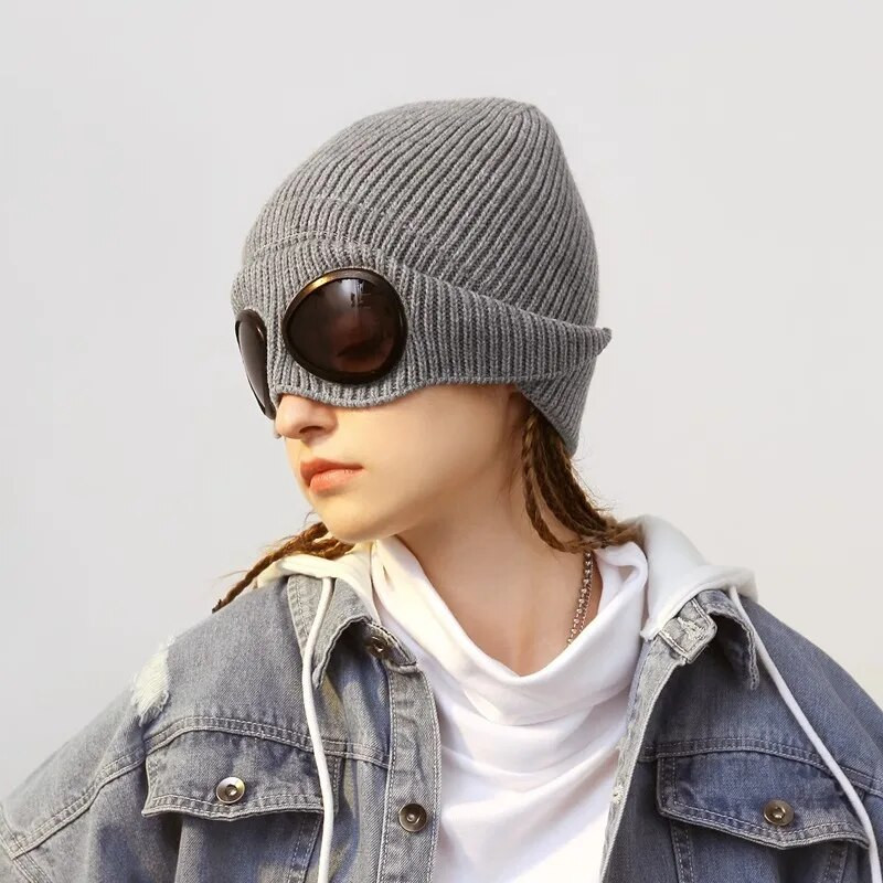 Šešir bez oboda sa zaštitnim naočalama za muškarce i žene u zimskom šeširu, neutralna jednobojna pletena kapa s lubanjom zimi