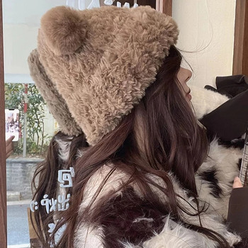 Χαριτωμένα αυτιά γυναικείες ωτοασπίδες Καπέλο καρτούν Bear ear Protection Καπέλο μονόχρωμο βελούδινο φασόλια κορίτσι Χειμώνας ζεστό χνουδωτό γούνινο κάλυμμα κεφαλής 모자