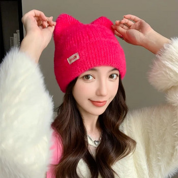 Νέες γυναικείες χαριτωμένο αυτί γάτας χειμερινό καπέλο μόδας Πλεκτό καπέλο από ψεύτικη γούνα Kpop στυλ Μαλακά καπέλα Beanie Candy Γυναικείο καπέλο streetwear