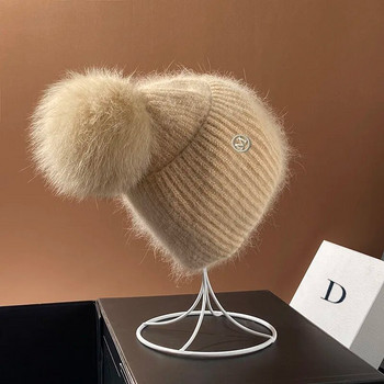 Real Fox Fur Pom Poms Καπέλα για Γυναικεία Χειμερινά Υπαίθρια Ζεστά Skullies Beanies Fashion Letter M Κουνέλι Πλεκτό Χοντρό Καπάκι Χριστούγεννα