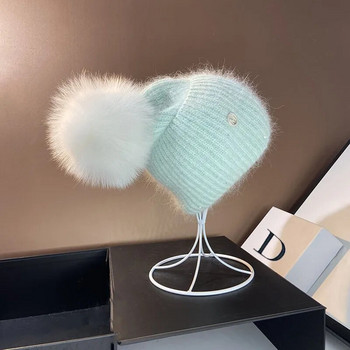 Real Fox Fur Pom Poms Καπέλα για Γυναικεία Χειμερινά Υπαίθρια Ζεστά Skullies Beanies Fashion Letter M Κουνέλι Πλεκτό Χοντρό Καπάκι Χριστούγεννα