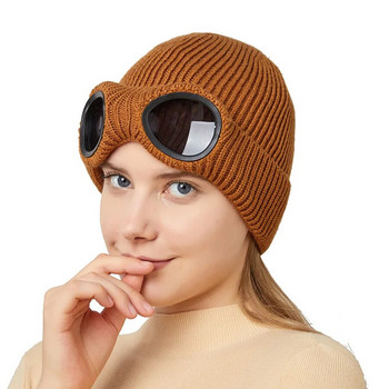 Ανδρικά και γυναικεία αντιανεμικά γυαλιά και κασμίρ πλεκτό καπέλο σκι μονόχρωμο ζεστό μάλλινο καπέλο