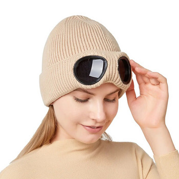 Ανδρικά και γυναικεία αντιανεμικά γυαλιά και κασμίρ πλεκτό καπέλο σκι μονόχρωμο ζεστό μάλλινο καπέλο