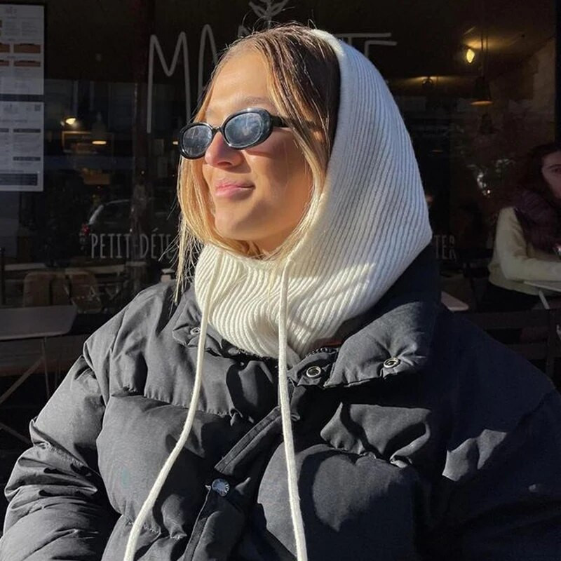 Jauna sieviešu šalles džemperīša cepure vienkrāsaina trikotāžas džemperis savilkšanas aukliņa Balaclava ziemas silta cepure Beanie 6 krāsas