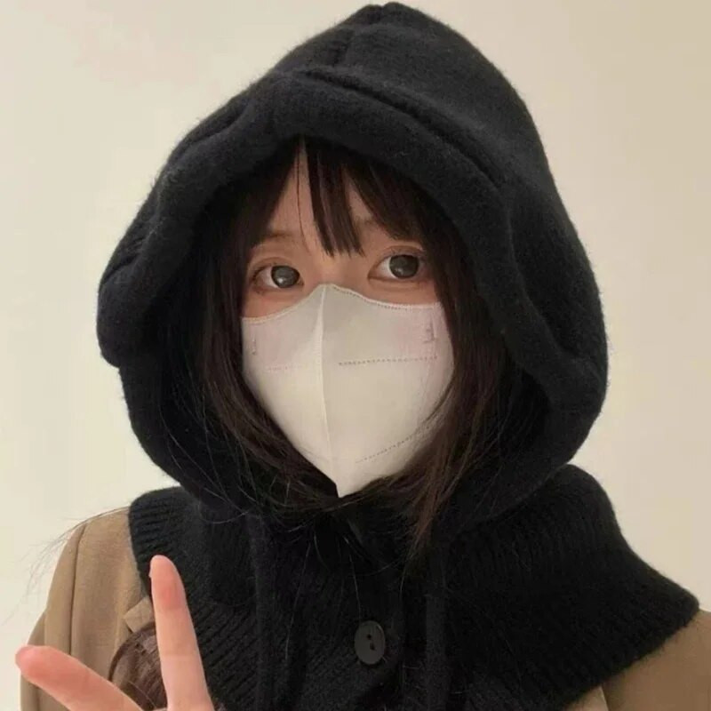 Jauna Korea Balaclava cepure ziemas cepures un šalles komplekts ar apakšējo šalli, silts kakla komplekts sievietēm, bērniem, trikotāžas vilnas pulovera cepure Gothic Y2k
