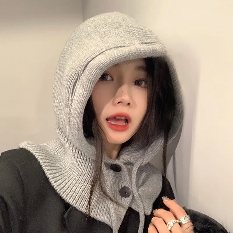 Jauna Korea Balaclava cepure ziemas cepures un šalles komplekts ar apakšējo šalli, silts kakla komplekts sievietēm, bērniem, trikotāžas vilnas pulovera cepure Gothic Y2k