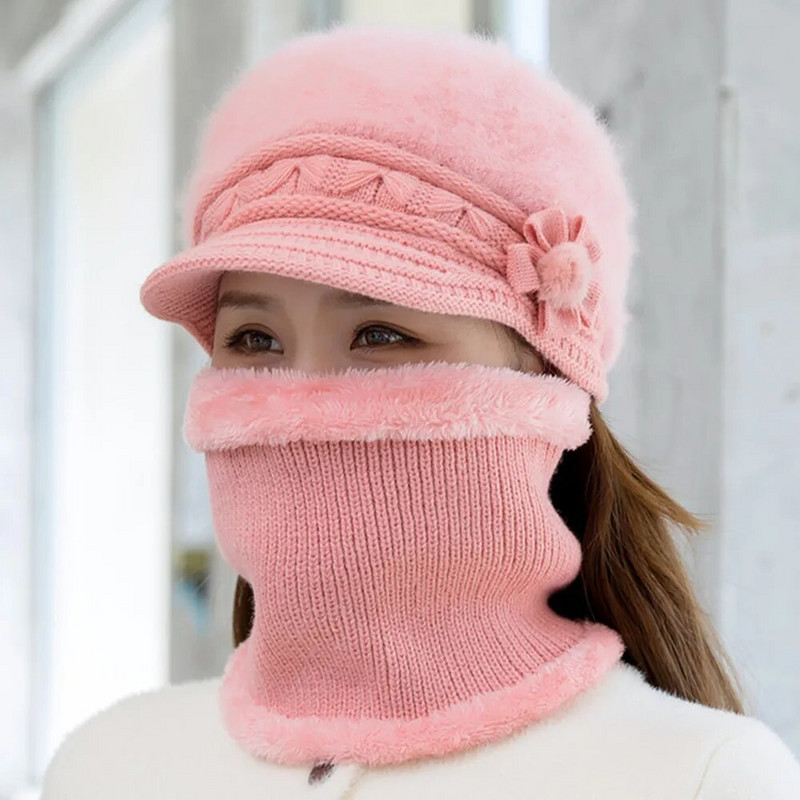 Karsta sieviešu ziemas cepure, saglabājiet siltu vāciņu Pievienot kažokādas cepures un šalles komplektu siltas cepures sievietēm gadījuma truša kažokādas ziemas trikotāžas cepure