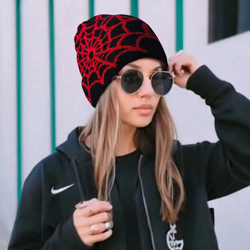 Jauna modes bieza silta rudens trikotāžas cepure sievietēm vīriešu helovīna žakarda hiphopa ziemas unisex zirnekļa tīkla beanie
