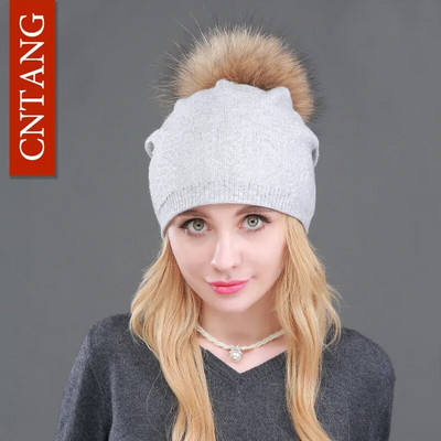 Rudens ziemas trikotāžas vilnas cepures sievietēm Modes pompons pupiņas kažokādas cepures sieviešu silti cepures ar dabīgu jenotu kažokādas cepuri