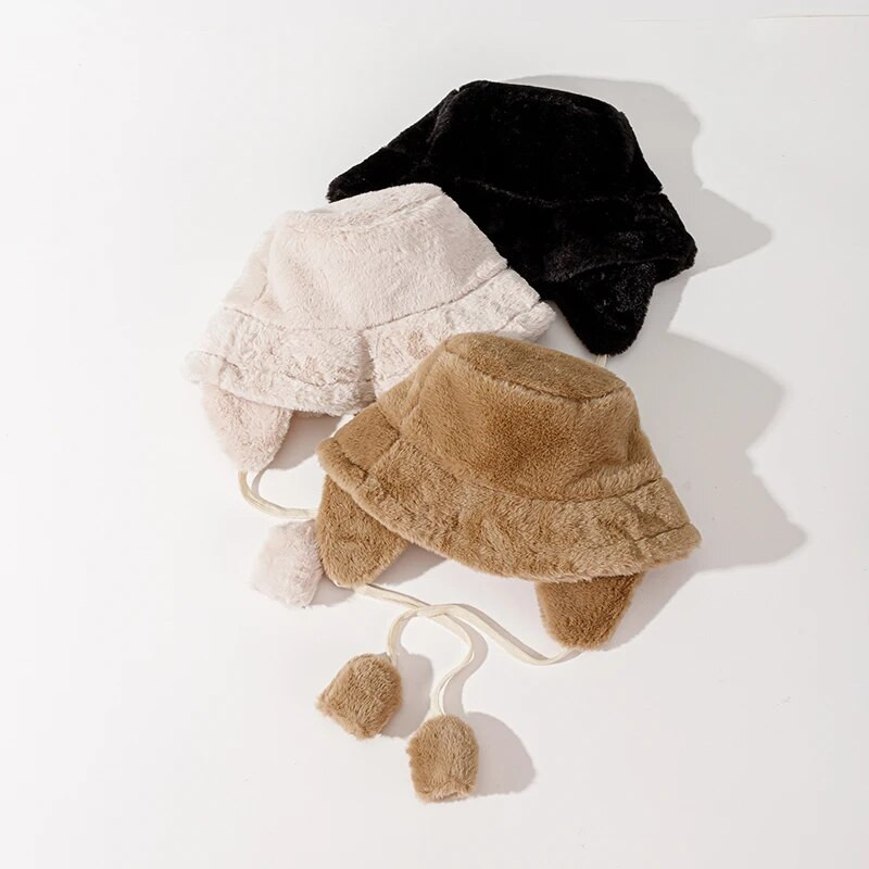 RICYGVM ausu aizsardzība plīša kausa cepure sievietēm vienkrāsains mākslīgās kažokādas kausa cepures biezas siltas sieviešu ziemas austiņas Panamas vāciņš