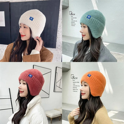 2022 New Women Candy Colors Earflap Winter Hat Fashion Faux Fur Knitted Hat Kpop Style Soft Beanie Hats Female Streetwear Cap