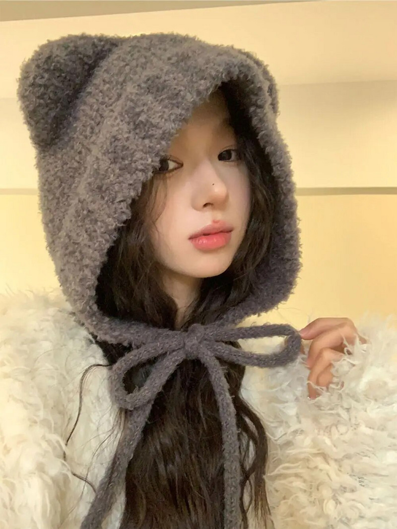 uus Lambhair Winter Harajuku y2k Beanies kootud müts naistele nööriga soe paks hiphop pealuu müts Lühike müts Unisex Basic Cap bomber