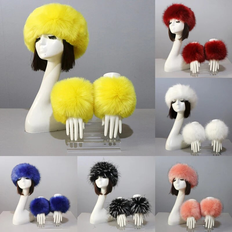 3vnt/komplektas Moteriškas žieminis dirbtinio lapės kailio galvos apdangalas, kepurės rankogaliai, madinga, šilta, moteriška rankovės rankovės pirštinės dirbtinio kailio kepuraitė rusiško stiliaus