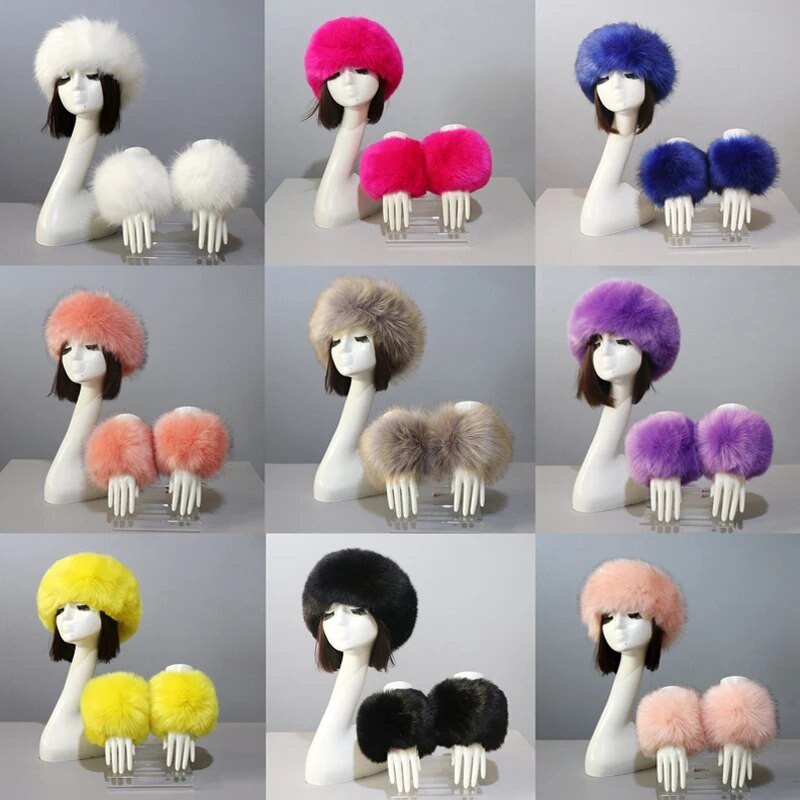 3vnt/komplektas Moteriškas žieminis dirbtinio lapės kailio galvos apdangalas, kepurės rankogaliai, madinga, šilta, moteriška rankovės rankovės pirštinės dirbtinio kailio kepuraitė rusiško stiliaus