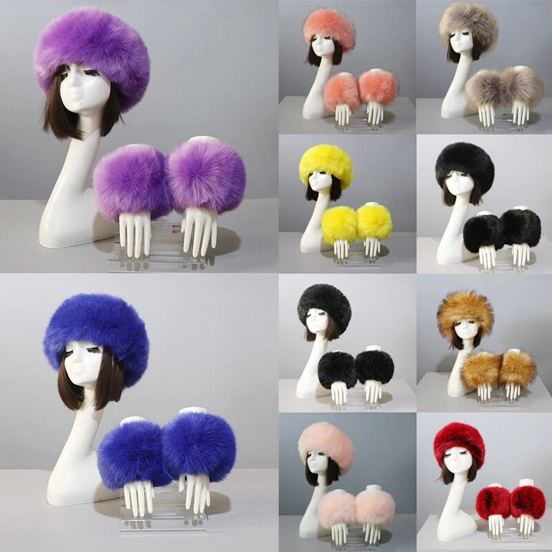 3vnt/komplektas Moteriškas žieminis dirbtinio lapės kailio galvos apdangalas, kepurės rankogaliai, madinga, šilta, moteriška rankovės rankovės pirštinės dirbtinio kailio kepuraitė rusiško stiliaus