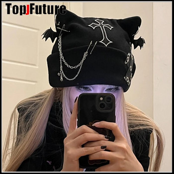 Harajuku Gothic Lolita Πλεκτό καπέλο για γάτα Γυναικεία πανκ Σχεδιαστής σταυρός νυχτερίδα Winter Beanie καπέλο Γυναικεία Y2K Αξεσουάρ για κορίτσια Καπέλο