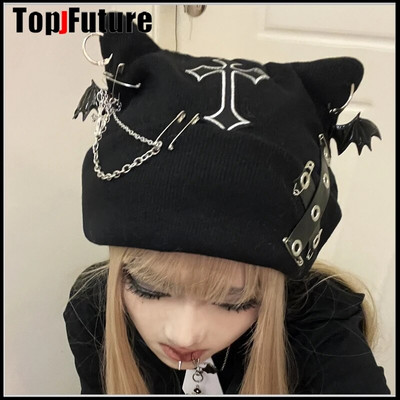 Harajuku Gothic Lolita Плетена шапка с котешки уши Дамска пънк дизайнерска шапка Cross Bat Winter Beanie Hat Женска шапка с аксесоари за момичета Y2K