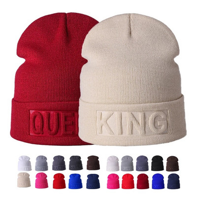 Зимна шапка King Queen Beanies Модна хип-хоп шапка за двойки Ежедневна плътна шапка Мъже Жена Топла плетена шапка Ski Skullies Боне