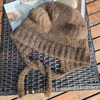 Cute Bear Ear Wool καπέλο Φθινοπωρινό και Χειμώνα Ζεστό Ευέλικτο Πλεκτό Καπέλο με κορδόνια για γυναίκες Gorros