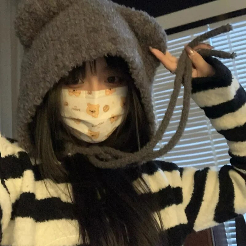 Jauka lāča ausu vilnas cepure Rudens un ziemas silta daudzpusīga šņorējama ausu aizsardzība trikotāžas bumbvedēja vāciņi Sieviešu Gorros