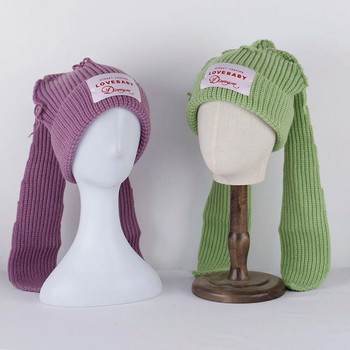 2023 νέα μόδα Skullies Beanie Πλεκτό καπέλο με βελονάκι Χαριτωμένο λαγουδάκι Καπέλα με αυτιά κουνελιού για γυναίκες Χειμερινά ζεστά καπέλα