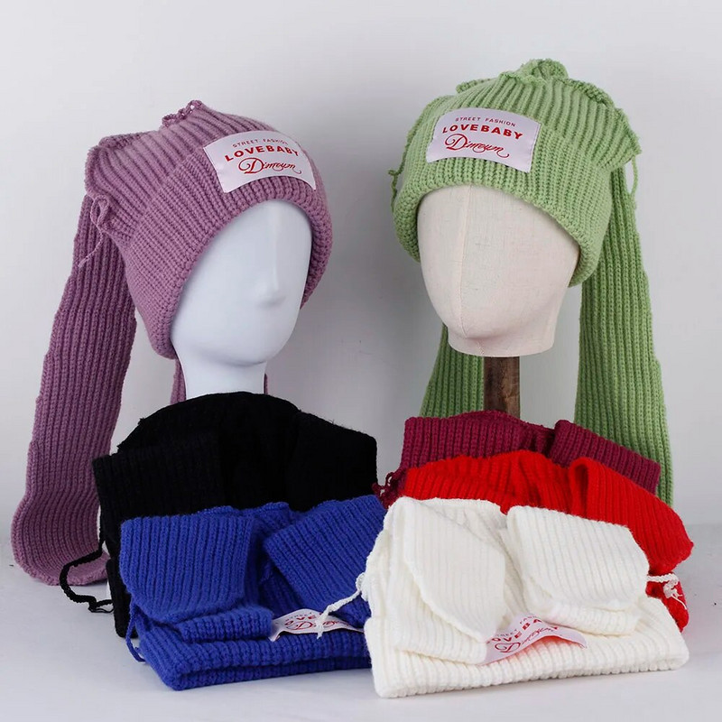 2023. aasta uus mood Skullies Beanie pikk kõrvamüts Heegeldatud kootud müts Armsad jänkukõrvad naiste mütsid Talvised soojad mütsid