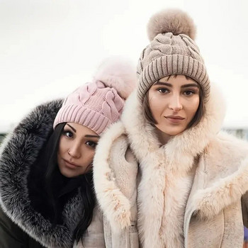 πλεκτό καπέλο φασολιών με γούνα πομ Γυναικεία βελούδινα χειμωνιάτικα ζεστά καπέλα με φλις επένδυση για γυναίκες Μάλλινο θερμικό καπέλο Gorro εξωτερικού χώρου για κορίτσια