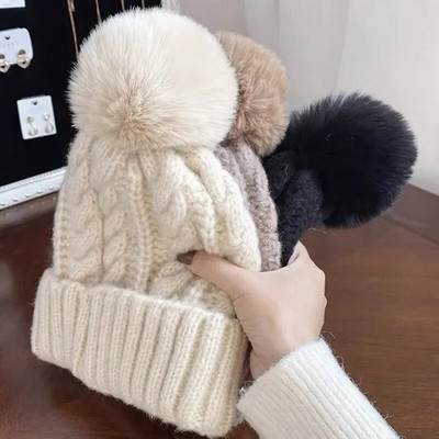 storina kailį Pom Megztos Beanies Kepurė Moteriška pliušinė žieminė vilna šiltos kepuraitės moterims Mergaičių lauke Vilnonė termo Gorro kepurė