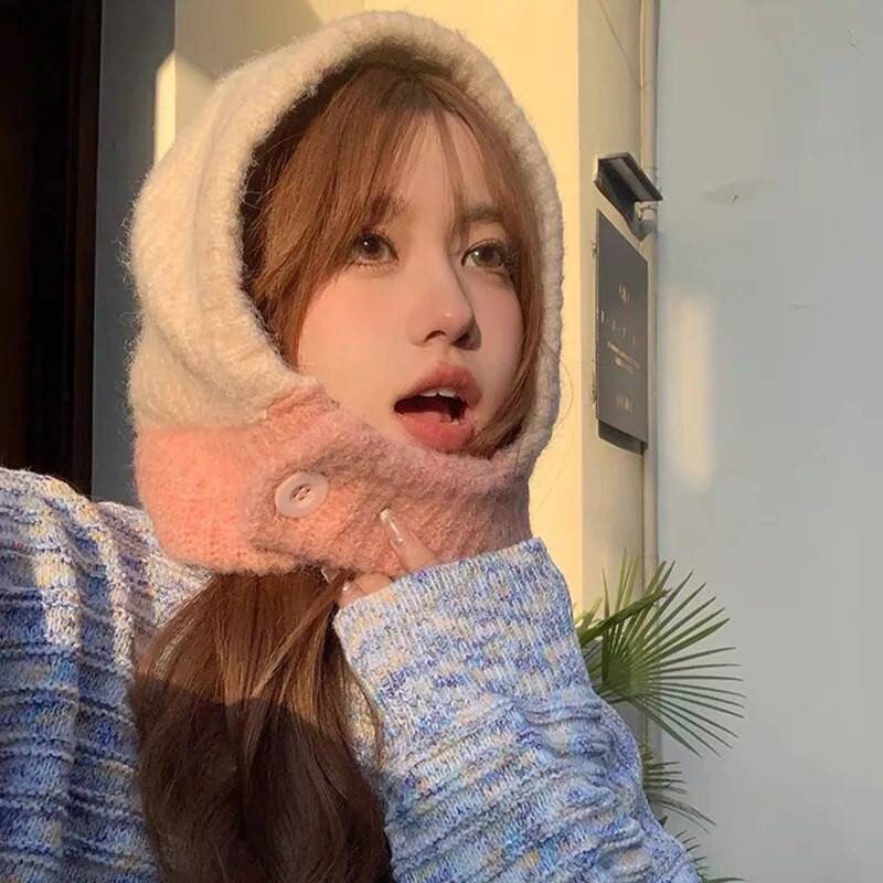 Kpop Color Women Girl Y2K BEANBalaclava Knit Scarf Hat Outdoor Winter Ski Full Face Mask Caps Модни топли плетени на една кука качулка Бонета