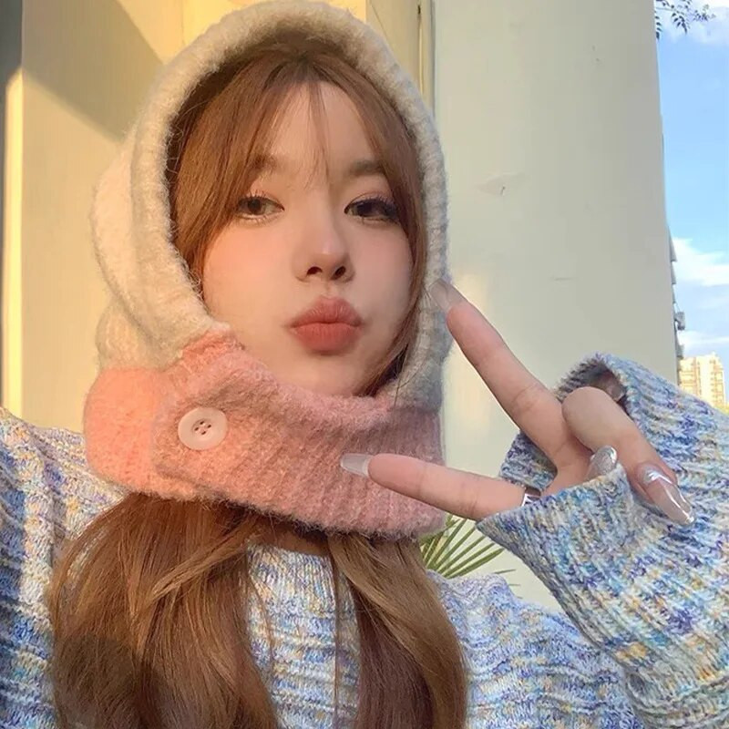 Kpop Color Women Girl Y2K BEANBalaclava Knit Scarf Hat Outdoor Winter Ski Full Face Mask Caps Модни топли плетени на една кука качулка Бонета