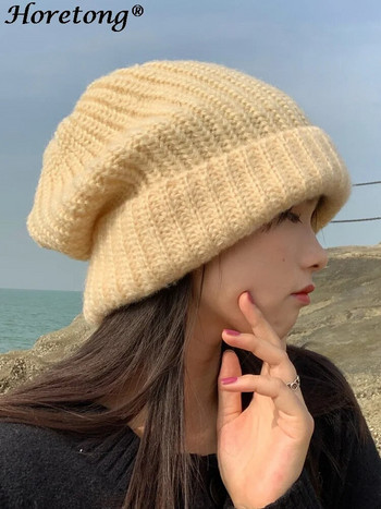 Horetong Χειμερινό πλεκτό καπέλο Γυναικεία Κορεατική μόδα Μασίφ Υπαίθρια Ζεστά φασόλια Παντός τύπου Casual ελαστικό άνετο καπέλο 2022 Νέο