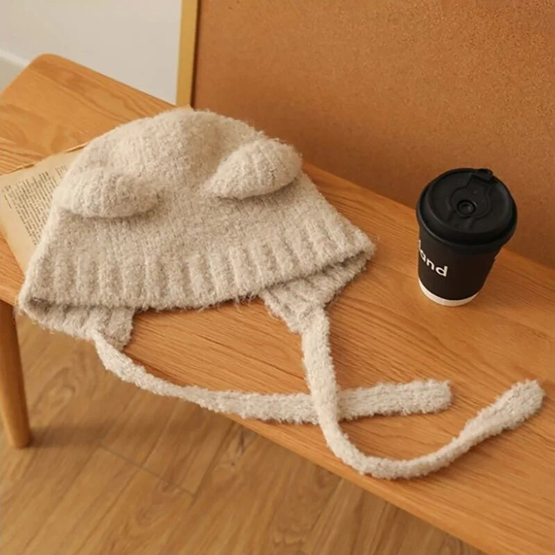 Χαριτωμένο κορίτσι πλεκτό καπέλο προστασίας αυτιών αρκουδάκι Γυναικείες ωτοασπίδες Καπέλο μάλλινο βελονάκι καπό μονόχρωμη κουκούλα Beanies Χειμερινά ζεστά καλύμματα κεφαλής 모자