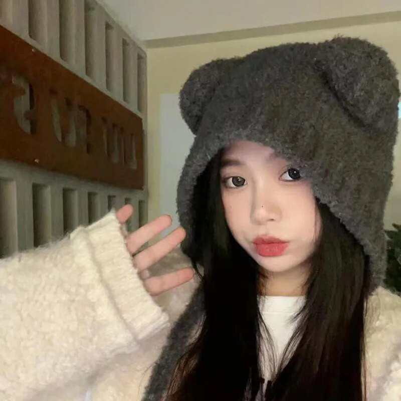Χαριτωμένο κορίτσι πλεκτό καπέλο προστασίας αυτιών αρκουδάκι Γυναικείες ωτοασπίδες Καπέλο μάλλινο βελονάκι καπό μονόχρωμη κουκούλα Beanies Χειμερινά ζεστά καλύμματα κεφαλής 모자