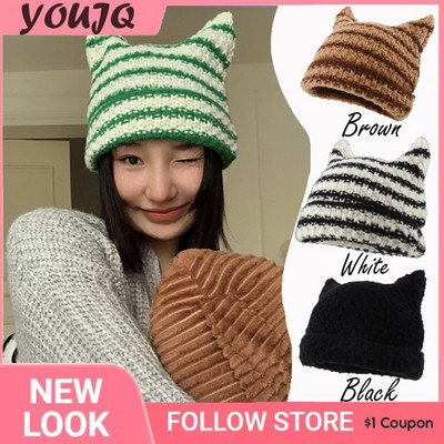 Y2K Японска шапка Beanie Ins Little Devil Раирани плетени шапки за жени Есен Зима Сладък пуловер с остри котешки уши Дамска шапка
