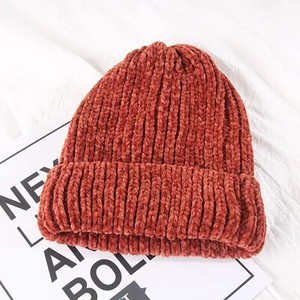 Jauna meitene ikdienas kokvilnas bieza, silta adīšanas pupiņu cepure Ziemas dāma sieviešu šenila silta cepure Adīta Skullies gorros