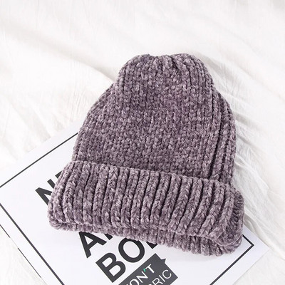 Jauna meitene ikdienas kokvilnas bieza, silta adīšanas pupiņu cepure Ziemas dāma sieviešu šenila silta cepure Adīta Skullies gorros