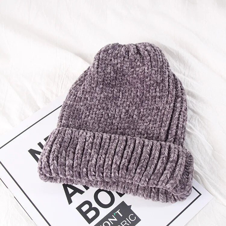 Jauna meitene ikdienas kokvilnas bieza, silta adīšanas pupiņu cepure Ziemas dāma sieviešu šenila silta cepure Adīta Skullies gorros