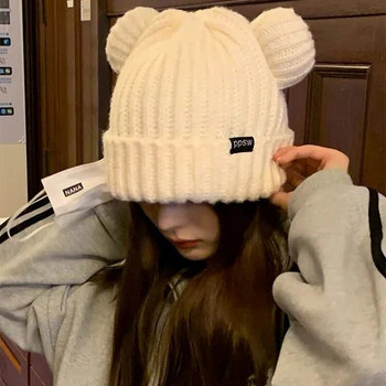 Y2K Bear Ears Thicken Hats Γυναικεία Μαλακή Harajuku Λούτρινη Προστασία Αυτιού Χαριτωμένα πλεκτά Κορεάτικα μάλλινα καπέλα Cool Girl Χειροποίητο Beanie