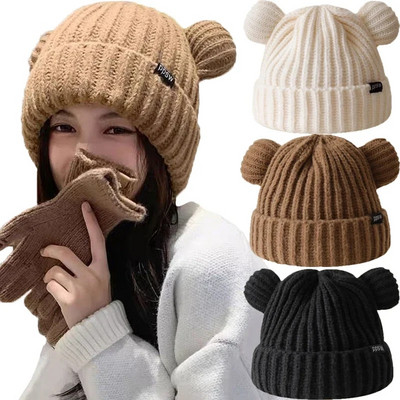 Y2K Bear Ears Thicken Hats Women Soft Harajuku Plush Ear Head Protection Сладки плетени корейски вълнени шапки Cool Girl Handmade Beanie