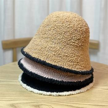 Χοντρό Lamb Fleece Dome Καπάκι λεκάνης Panama για γυναίκες κορίτσια Χειμωνιάτικο ζεστό καπέλο ψαρά μονόχρωμο αντιανεμικό αφράτο γούνινο καπέλο με κάδο