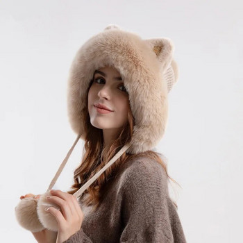 Χειμωνιάτικα χαριτωμένα ζεστά πλεκτά καπέλα για γυναίκες Αυτιά γάτας κινουμένων σχεδίων με δύο μπάλες Καπέλο αυτιού βελούδινο χνουδωτό χνουδωτό ζεστό καπέλο γούνας θηλυκό