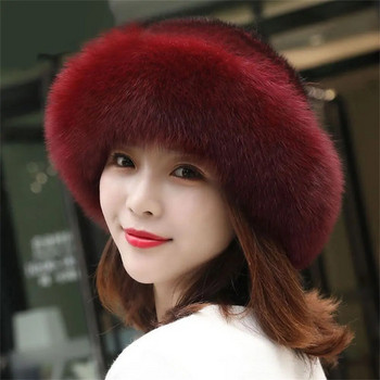 Зимна дамска шапка от изкуствена кожа Дамска топла шапка от заешка кожа с наушници с периферия от изкуствена лисича кожа